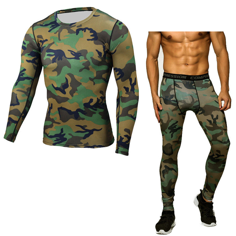 Color: Green L - Camouflage Compression Baselayer Set Sports Compression Set Long Sleeve T-Shirt Tights Exercise Clothes Workout Bodysuit Fitness Suits For Men